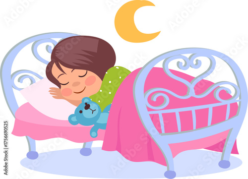A Girl is Sleeping in Bed with a Teddy