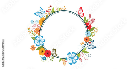 A beautiful circular frame adorned with colorful flowers and fluttering butterflies.