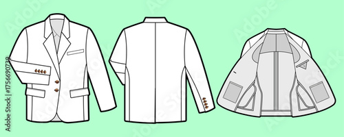 Men’s Suit Jacket – Triple-View Technical Flat Sketch with Notched Lapel Patch Pockets Interior Structure and Button Cuff Detail