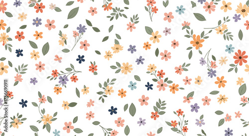 A charming pattern of small scattered wildflowers in soft pastel colors on a white background.