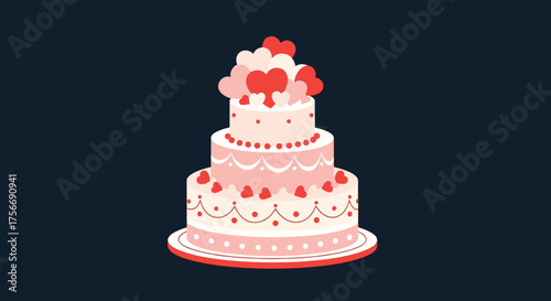A delightful three-tiered pink cake adorned with hearts and decorative frosting is presented against a dark background.