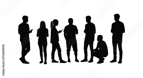 Diverse group of young adults standing and crouching in silhouette against a white background engaged with mobile devices
