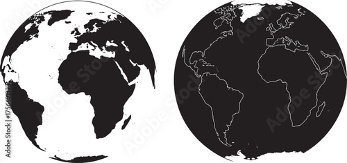 Two earth globes contrasting black and white silhouette