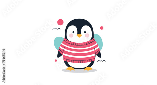 A cute cartoon penguin wearing a striped sweater standing and looking forward.