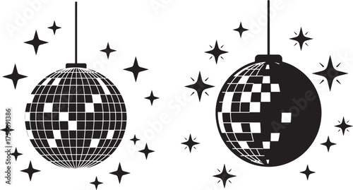 Two hanging disco balls with stars silhouette