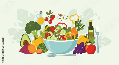 Salad bowl - healthy food, organic vegetables. Can be used for any printed or web graphic, for infographics to illustrate healthy lifestyle or vegan, vegetarian, raw diet. 