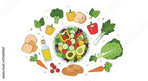 Salad bowl - healthy food, organic vegetables. Can be used for any printed or web graphic, for infographics to illustrate healthy lifestyle or vegan, vegetarian, raw diet. 
