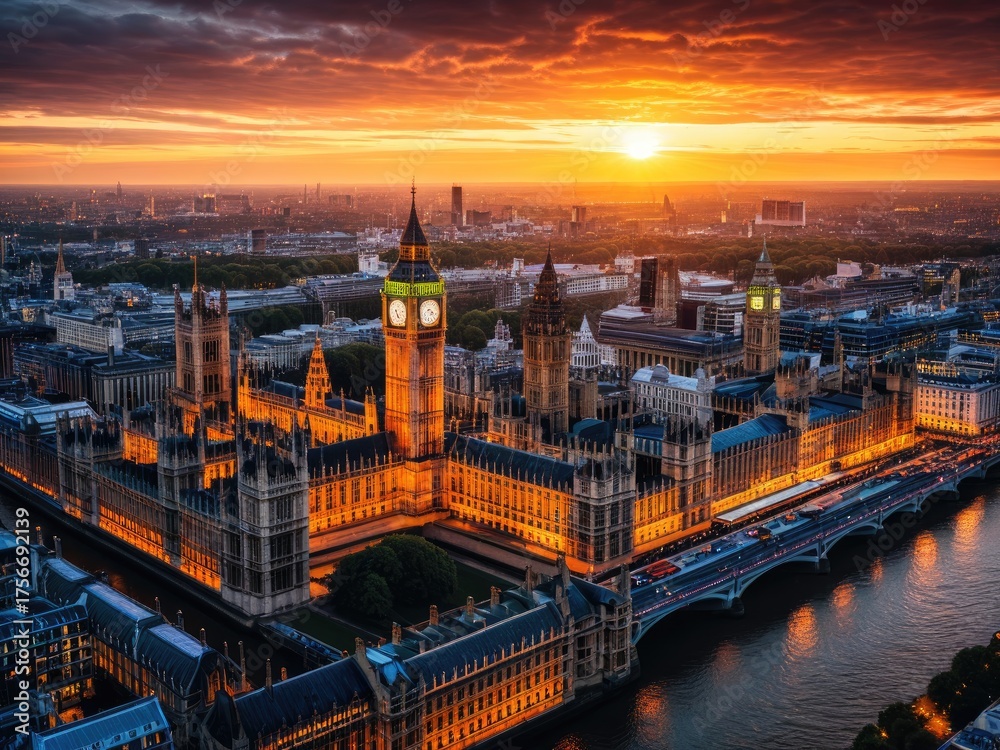 Fototapeta premium Majestic sunset over iconic clock tower and city