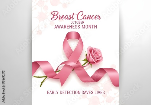 Breast cancer awareness month graphic with pink ribbon and rose for early detection promotion