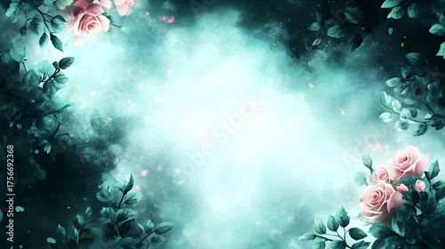 Pink roses bloom in a dreamy, misty, dark teal, magical forest.
