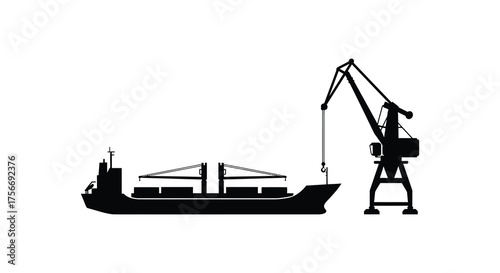 Industrial port scene with a cargo ship being loaded by a large crane silhouette