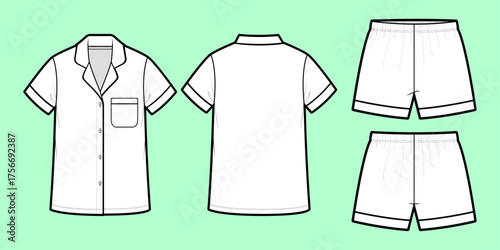 Women’s Short-Sleeve Pajama Set – Front & Back Technical Flat Sketch with Notched Collar Chest Pocket and Elastic-Waist Shorts