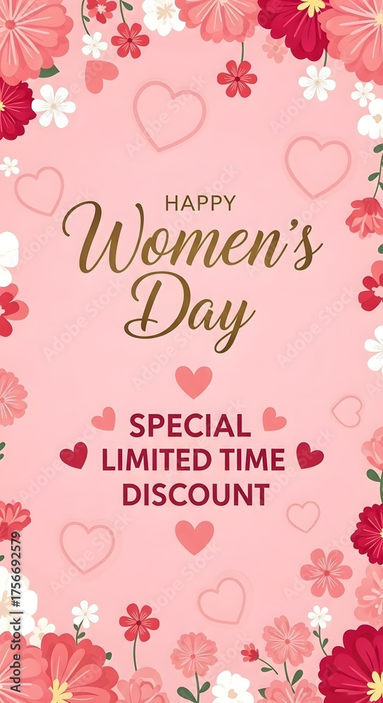 Naklejka premium Happy women's day celebration with floral heart design and special limited time discount offer