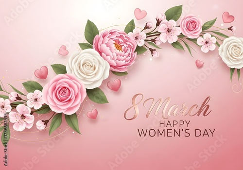 Elegant Women's day card design with pink floral arrangement and hearts for march celebration