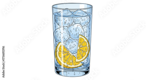 Glass of water with ice and lemon slice hand drawn refreshing drink on white