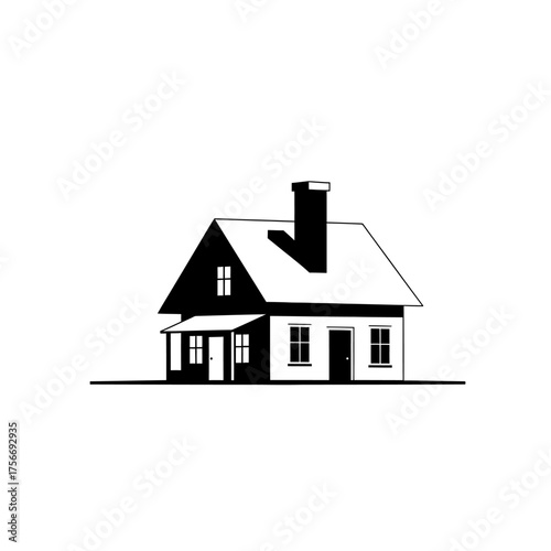 Simple house Black and white line drawing Minimalist style Suburban home with chimney