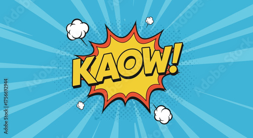 Kaow Comic Speech Bubble Pop Art Style Yellow Burst Halftone Effect Blue Rays Retro Expression