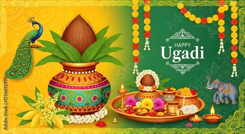 Ugadi festival celebration with traditional kalash and floral decor for festive greetings and poster design