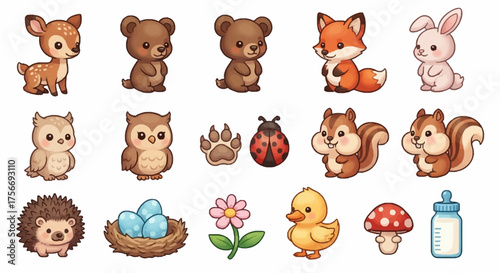 Cute woodland animals watercolor style various poses isolated on white baby shower theme
