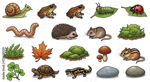 Forest creatures Pixel art Various animals plants and objects Woodland ecosystem