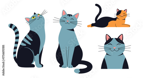 Five cute cartoon cats in various poses and colors sitting and relaxing.