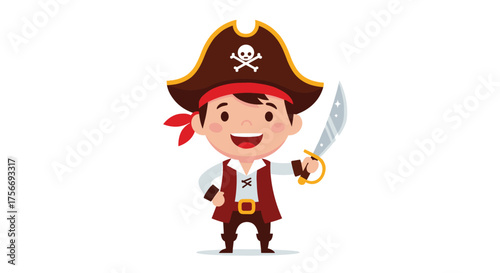 A happy young boy dressed as a pirate holding a sword.
