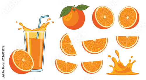Freshly squeezed orange juice splashes from a tall glass with whole and sliced oranges around.