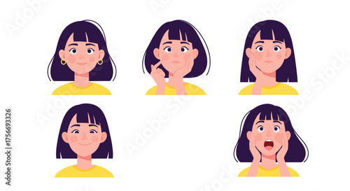 Set of young women showing different emotions and facial expressions.