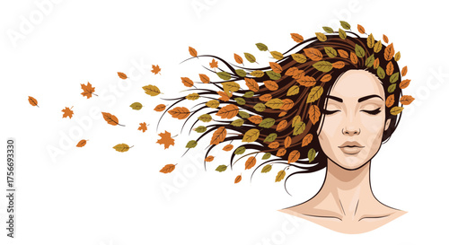Autumn beauty with leaves blowing through her hair.