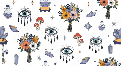 Enchanting mystical elements and floral bouquets arranged in a whimsical seamless pattern design.