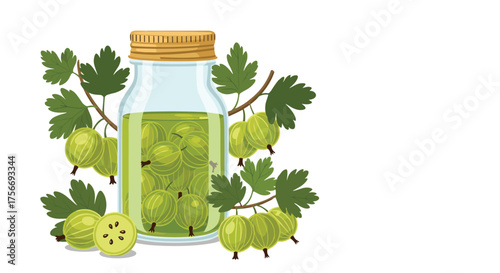 A delightful jar of homemade gooseberry syrup surrounded by fresh gooseberries and leaves.
