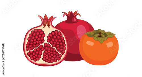 A still life composition featuring ripe pomegranates and a vibrant persimmon.