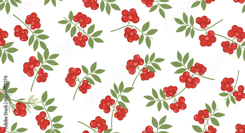 A delightful scattering of ripe red berries on delicate green stems forms a whimsical pattern.