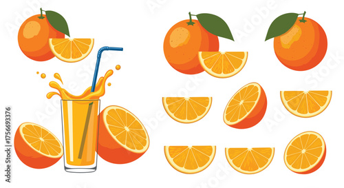 Freshly squeezed orange juice with whole and sliced oranges.