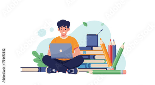 A young person sits cross legged in front of a laptop surrounded by books and pencils.