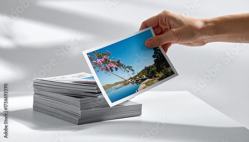 A hand holds a photograph of a tropical landscape above a stack of printed photos on a white surface.