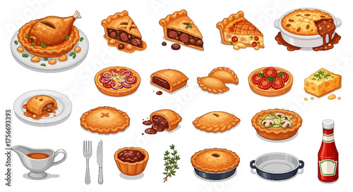 Assorted Pies and Savory Tarts Hand Drawn Style Variety of Fillings and Crusts Festive Holiday Treats