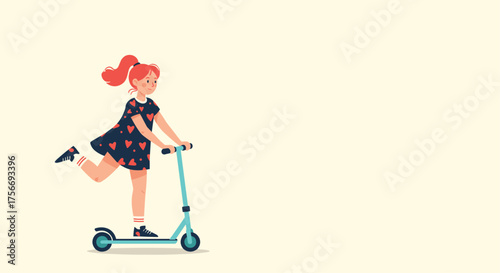 A young girl with red hair rides a blue kick scooter through a light yellow background.
