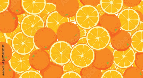 A vibrant and refreshing pattern featuring whole and sliced oranges creating a juicy citrus backdrop.