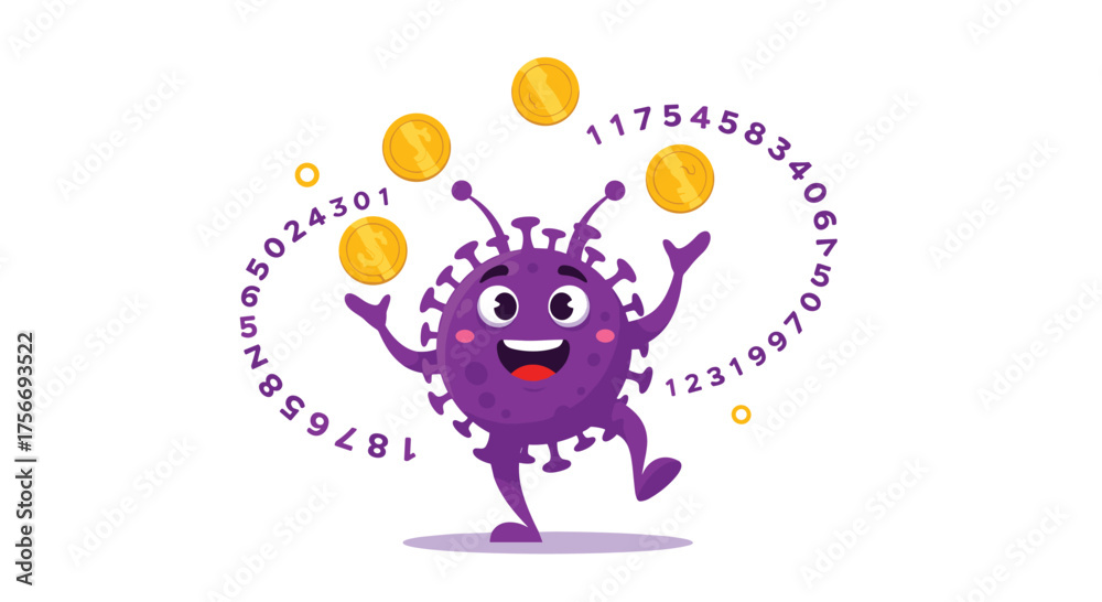 Obraz premium A cartoon virus character is juggling gold coins and numbers around its head.