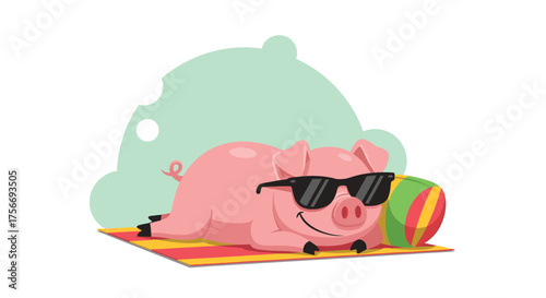 A happy pig wearing sunglasses relaxing on a beach towel with a ball.