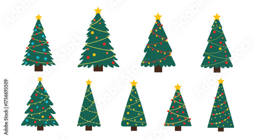 A collection of eight decorated christmas trees in various sizes and styles.