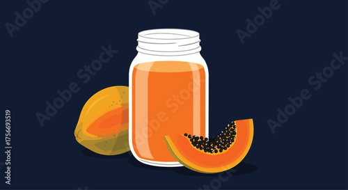A refreshing glass jar filled with vibrant orange papaya juice next to fresh papaya fruit and a slice of papaya.