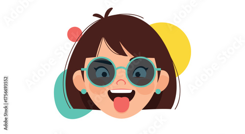 A cartoon girl with big sunglasses and a funny expression showing her tongue.
