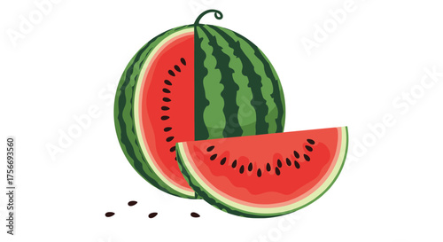 Delicious juicy red watermelon fruit with black seeds and a green striped rind.
