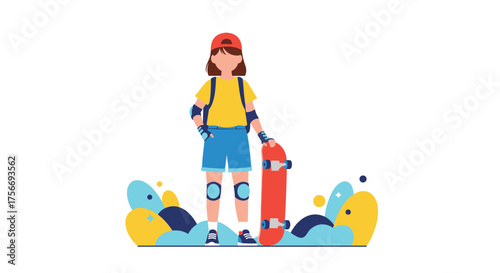 A young person in casual clothing stands with a skateboard.