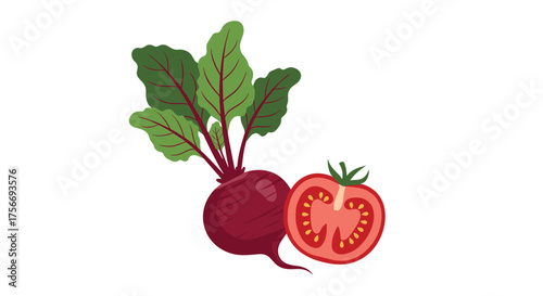A fresh beet and a juicy tomato on a white background for healthy eating.