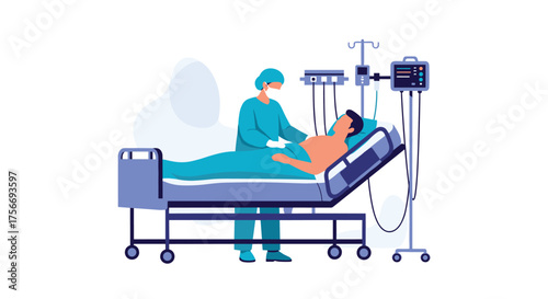 Medical professional caring for a patient in a hospital bed during a critical health event.