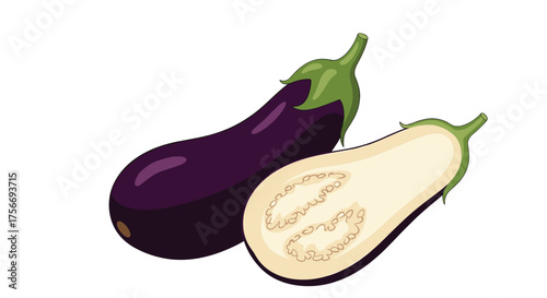 A whole and a halved fresh purple eggplant with white flesh and seeds.