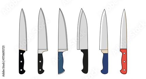 A collection of chef knives with distinct handles and blades showcasing variety.
